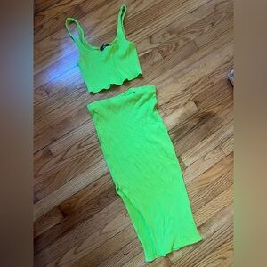 lime green ribbed bodycon two-piece dress set